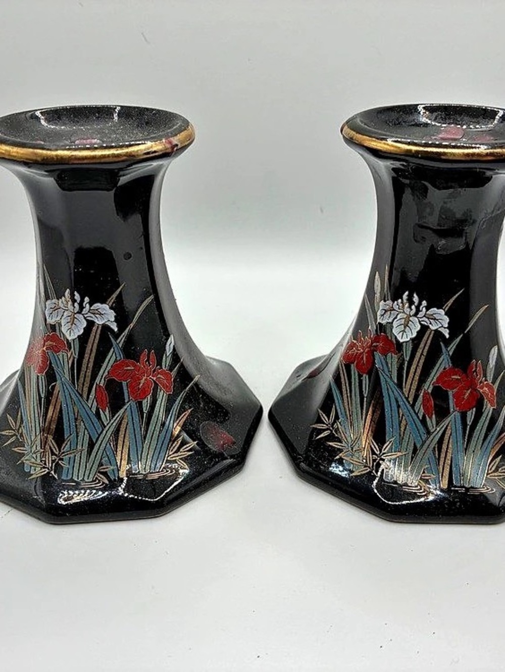 Black & Gold Floral Candle Holders Pair